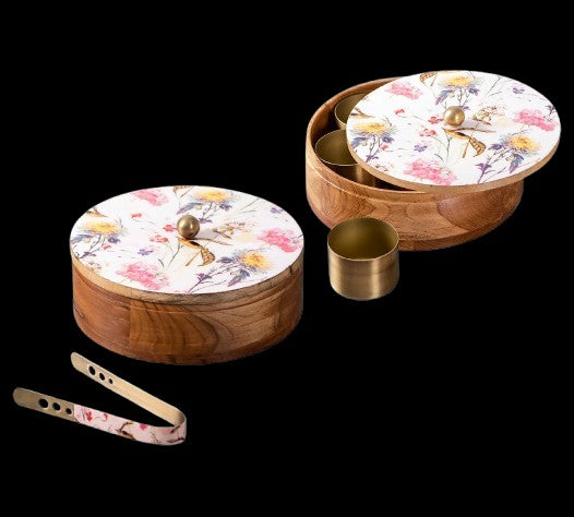 set of 2 epoxy pink color wooden casserole with matching spice box for kitchen/gift item